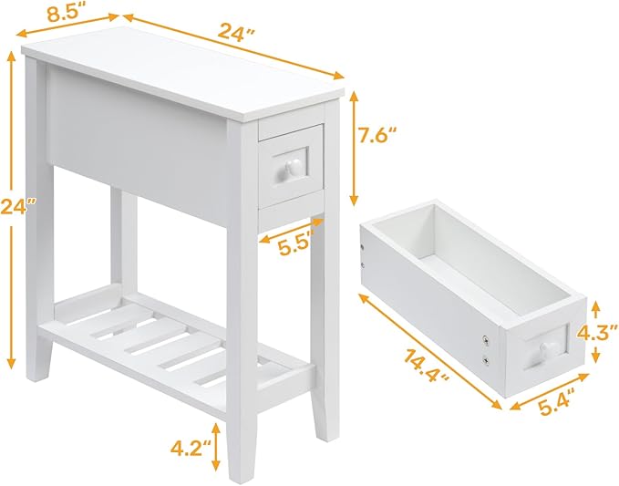 Narrow Side Table for Small Spaces, White, Set of 1, 24" L x 8.5" W...