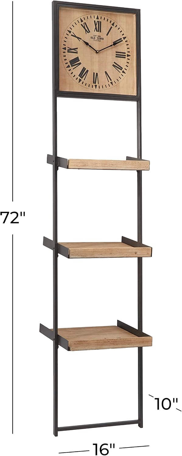 Deco 79 Wood 3 Shelves Wall Shelf with Clock, 16" x 10" x 72",...