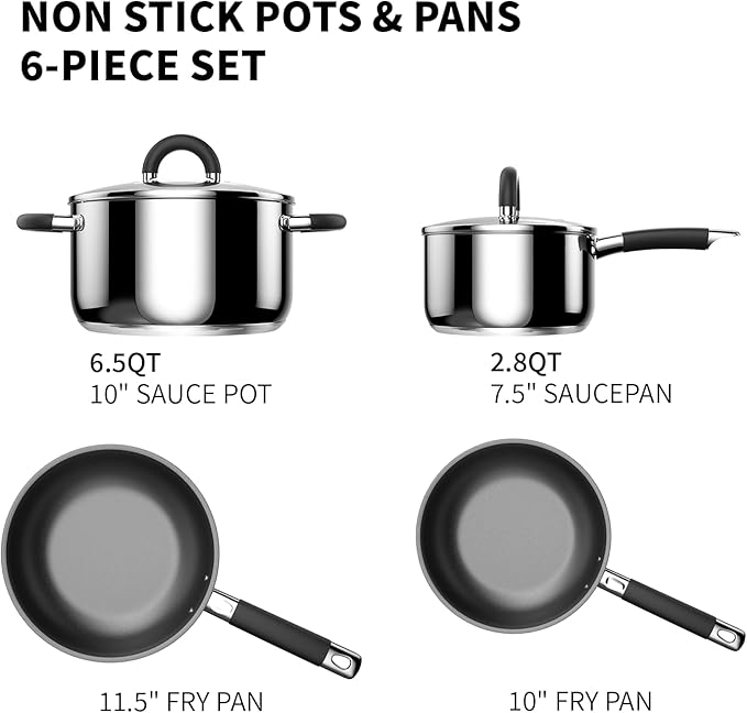 Pots and Pans Set Non Stick, 5 Ply Stainless Steel Cookware Set of 6, 2.8QT