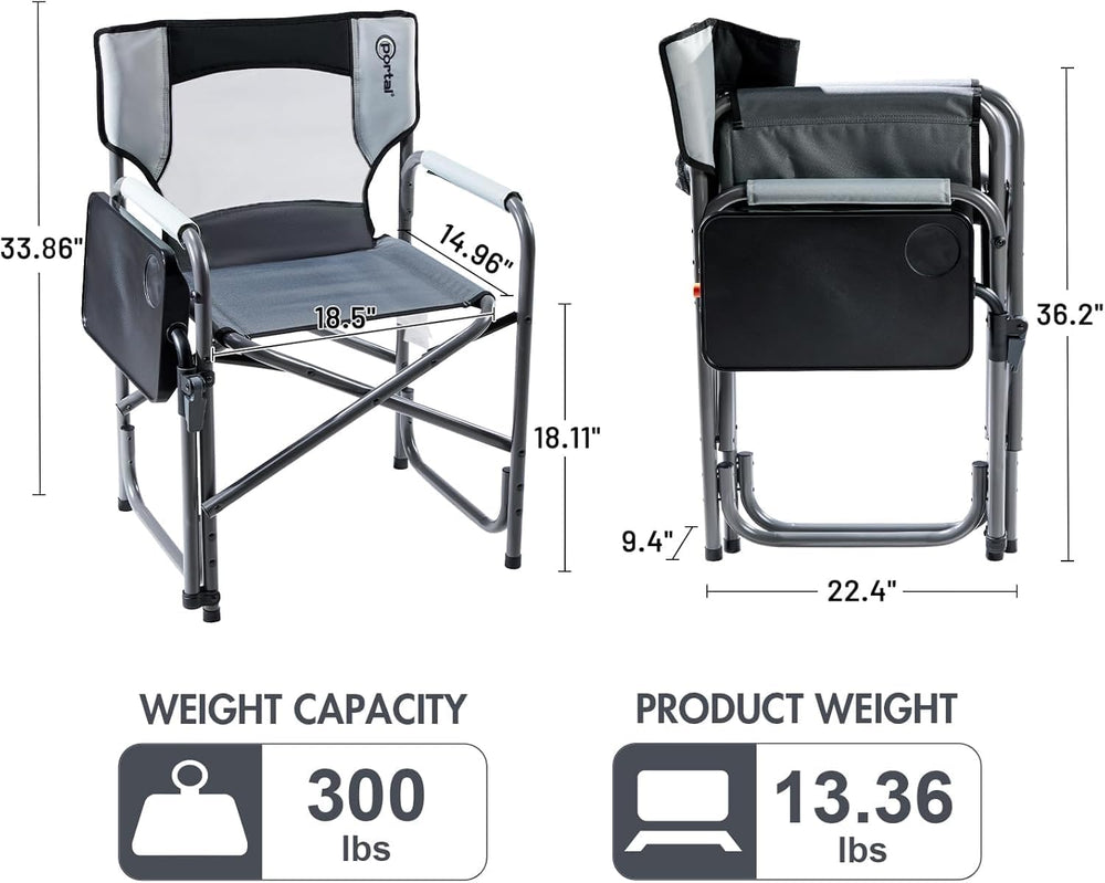 Portal Director Camping Chair with 2-Way Rotating Side Table, 300 lb, Gray | ...