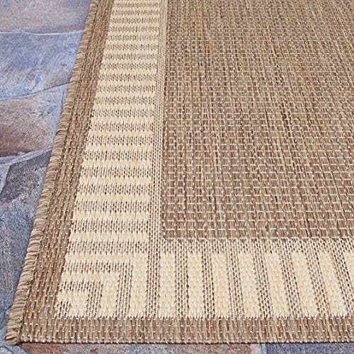 Couristan Recife Striped Border Washable Round Outdoor Rug, Tan, 7.5 Ft