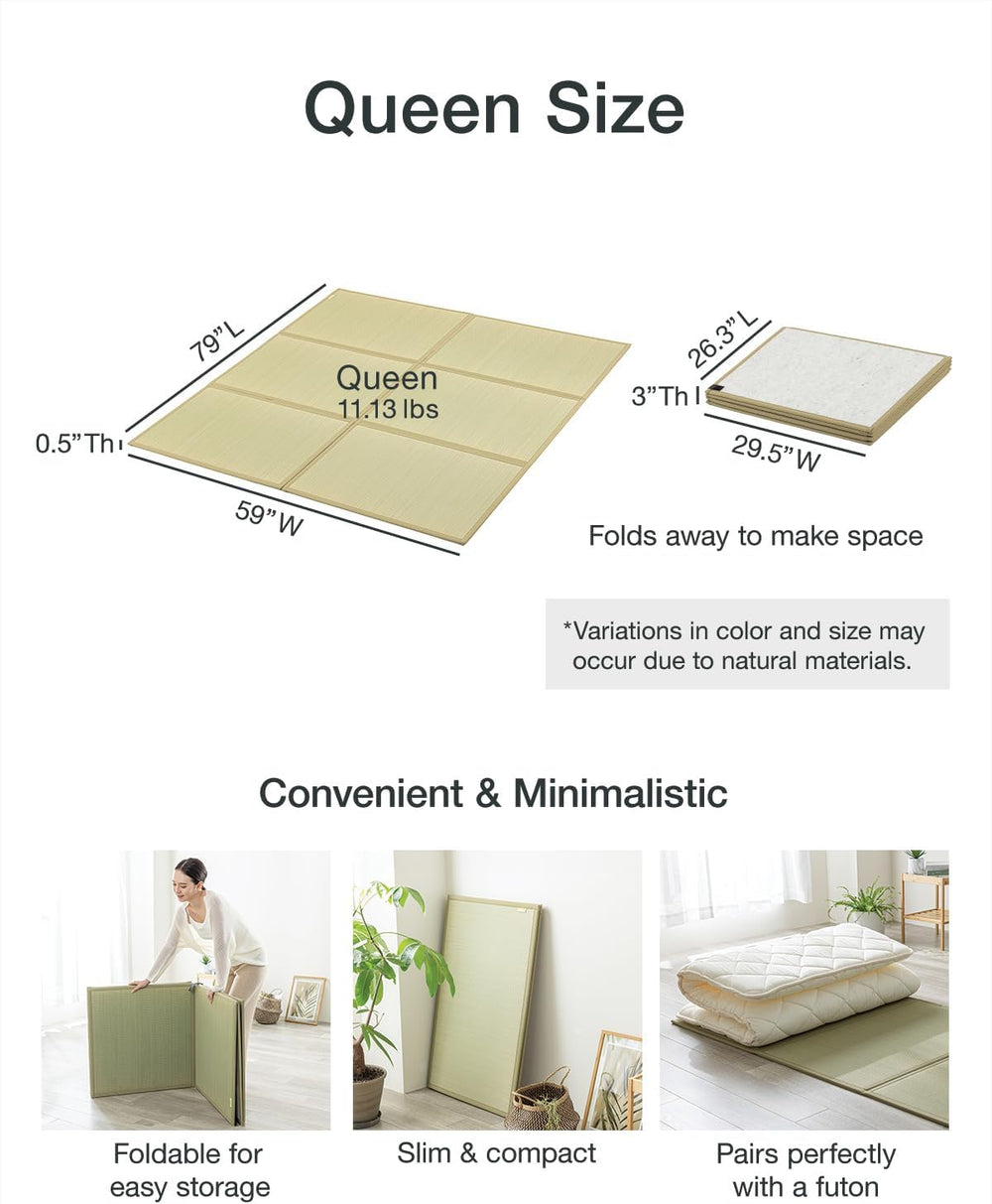 FULI Japanese Tatami Mattress, Foldable Igusa Rush Grass, Natural, Queen