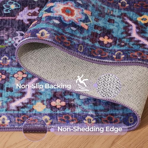 8x10 Purple and Turquoise Blue Vintage Boho Oriental Soft Washable Area Rug