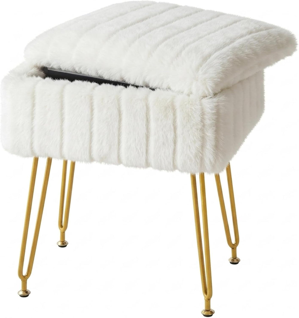 FUXA Vanity Stool Chair with Storage, Faux Fur and Metal Legs, White | Soft P...