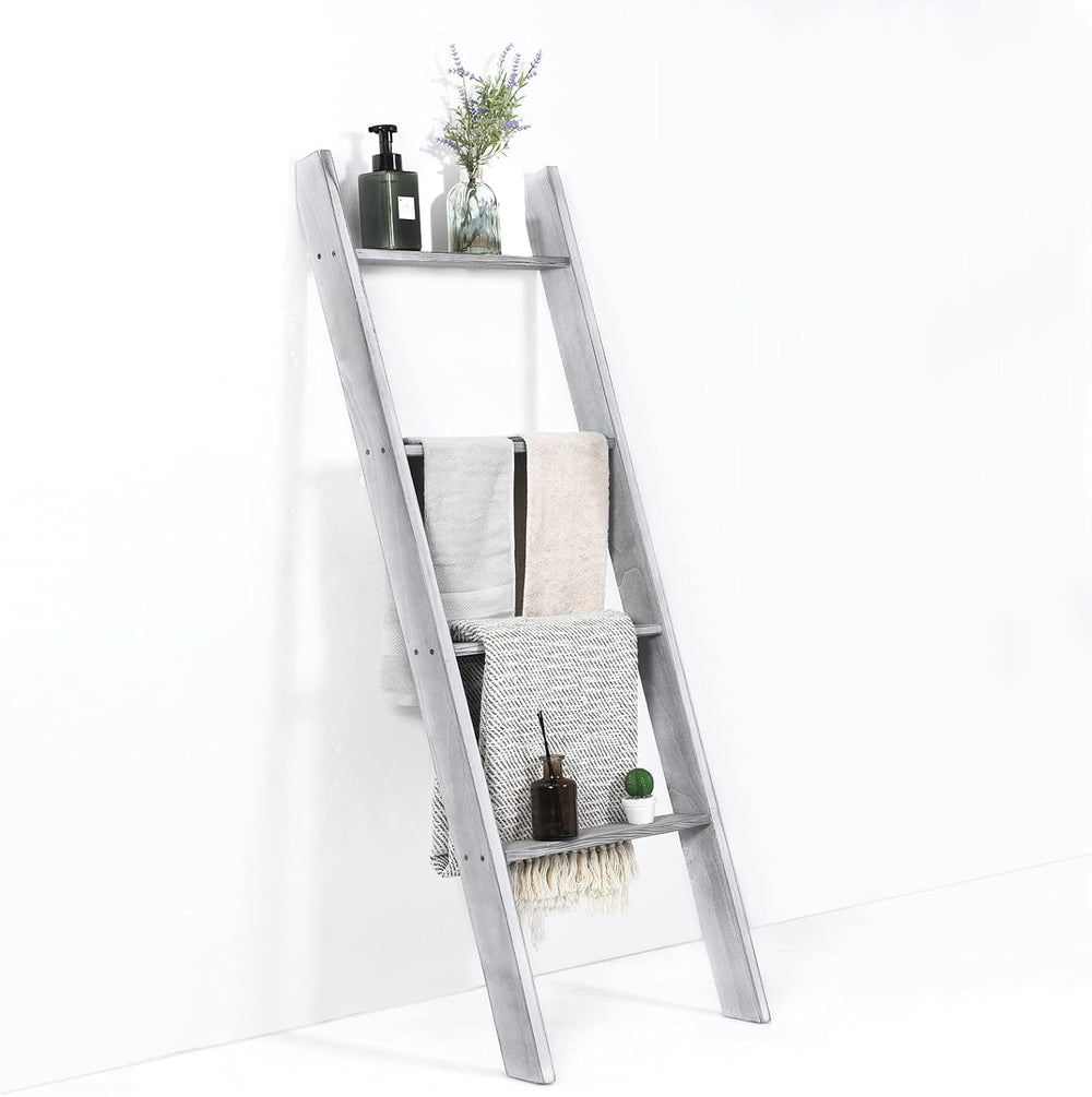 Tangkula 4-Tier Wooden Blanket Ladder, 4.5 ft Farmhouse Storage Rack, Wall Le...