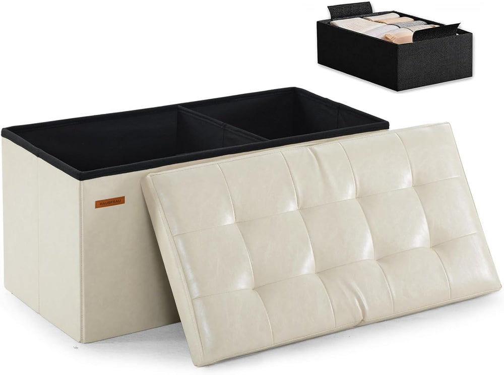 HAUSFRAU Ottoman with Storage Bench Folding Foot Rest Stool Ivory | 31.5"...