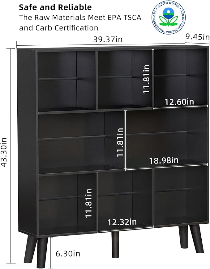 YAHARBO 8 Cube Bookshelf,3 Tier Bookcase with Legs,Black Mid-Century Modern B...