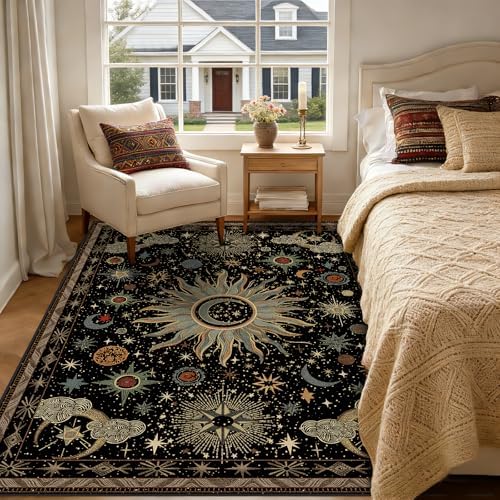 Vacuum-Friendly, 5x7 Washable Area Rug, Black Green Blue