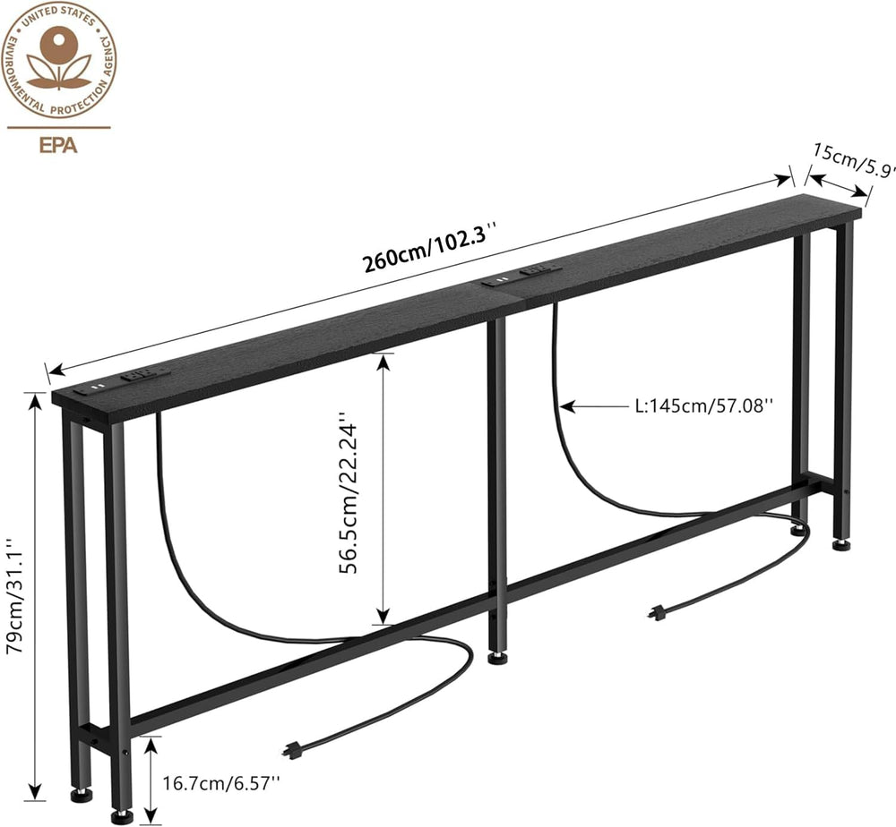 Keelian 102" Narrow Console Sofa Table - 2 Power Outlets & 4 USB Por...