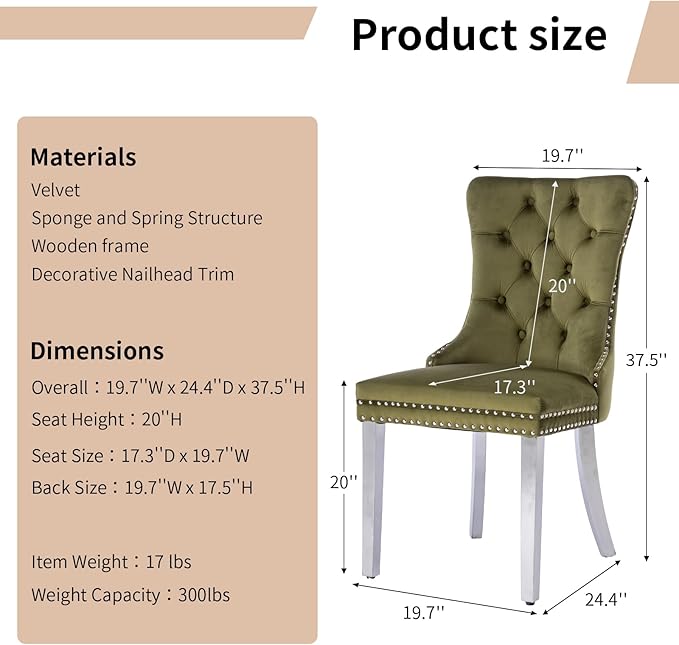 Luxury Upholstered Dining Chairs Set of 6, Olive Green Kitchen Chair with Sil...