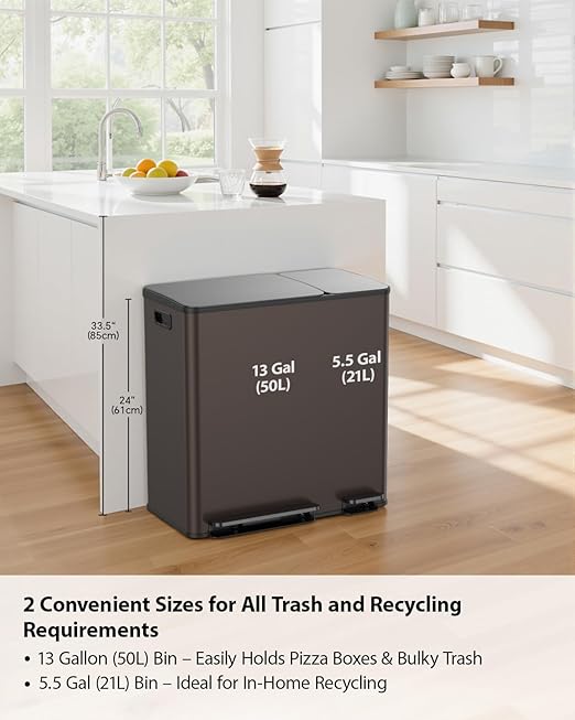Lovewind Double Trash Can Kitchen, 13+5.5 Gallon Stainless Steel Dual Trash and