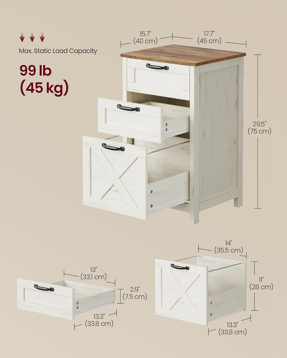 VASAGLE File Cabinet, 3-Drawer Filing Cabinet for Home Office | Modern Farmho...
