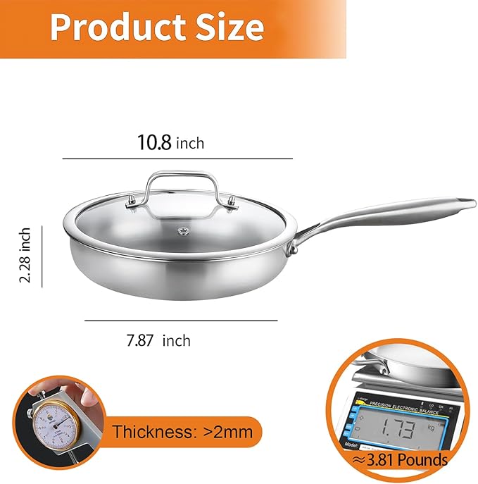 DELARLO Stainless Steel Pan 10.3Inch, Tri-ply Stainless Steel Frying Pan
