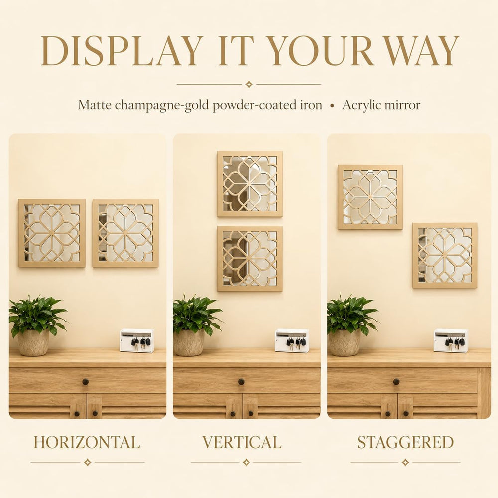 Set of 2 Boho Square Wall Mirrors - Matte Gold Metal Shatterproof Hanging for...