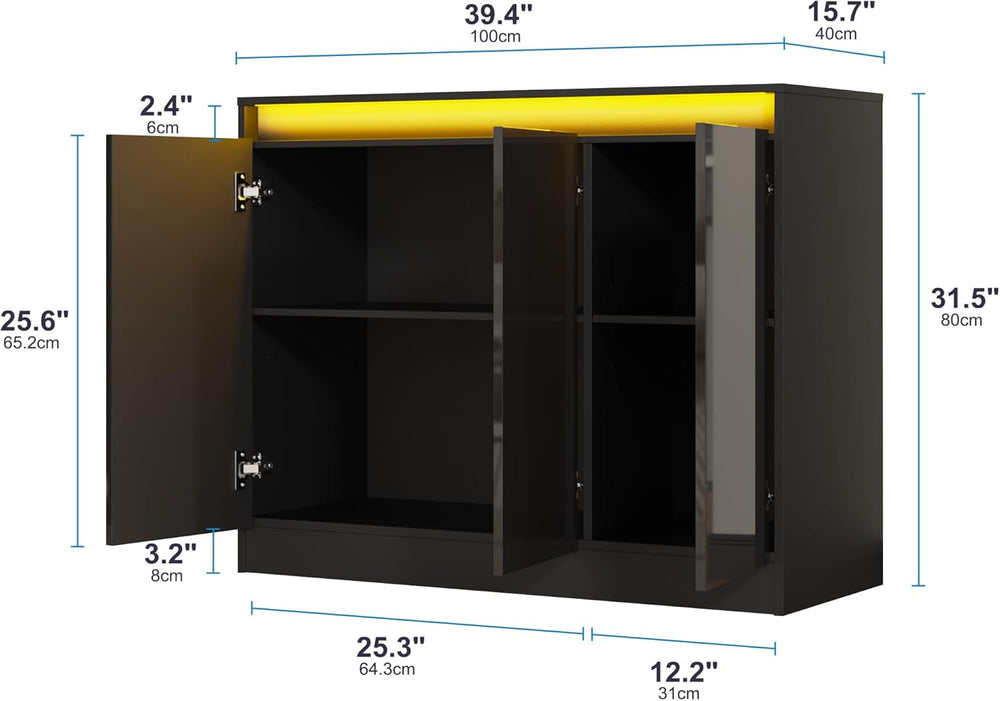 Furnify High Gloss Buffet Cabinet with LED Lights, Modern Sideboard Coffee Ba...