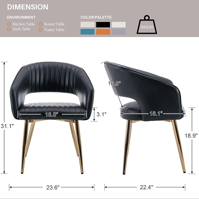 Faux Leather Dining Chairs Gold Legs, Modern Black PU Leather Dining Room Cha...