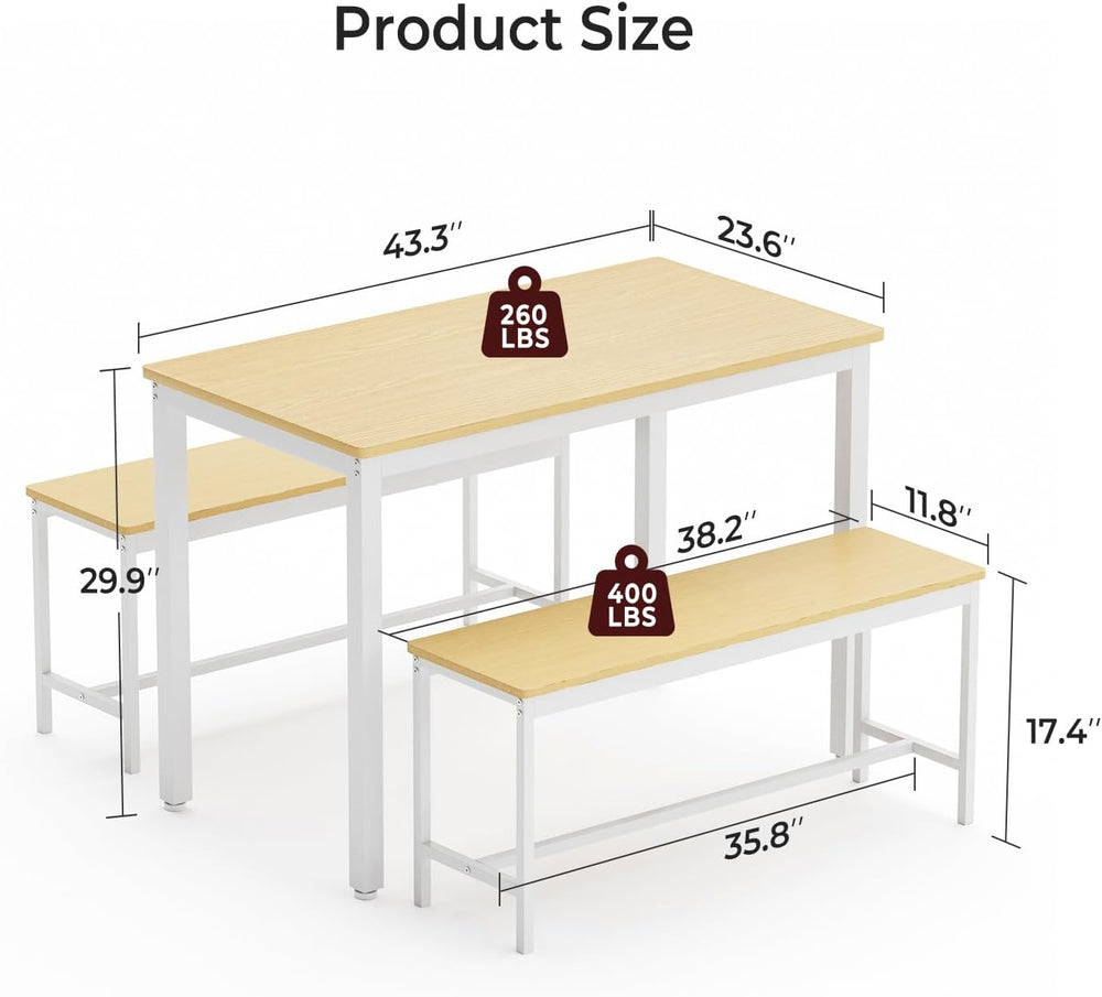 Tatub Dining Table Set for 4, 3-Piece Kitchen Table with 2 Benches, Space-Sav...