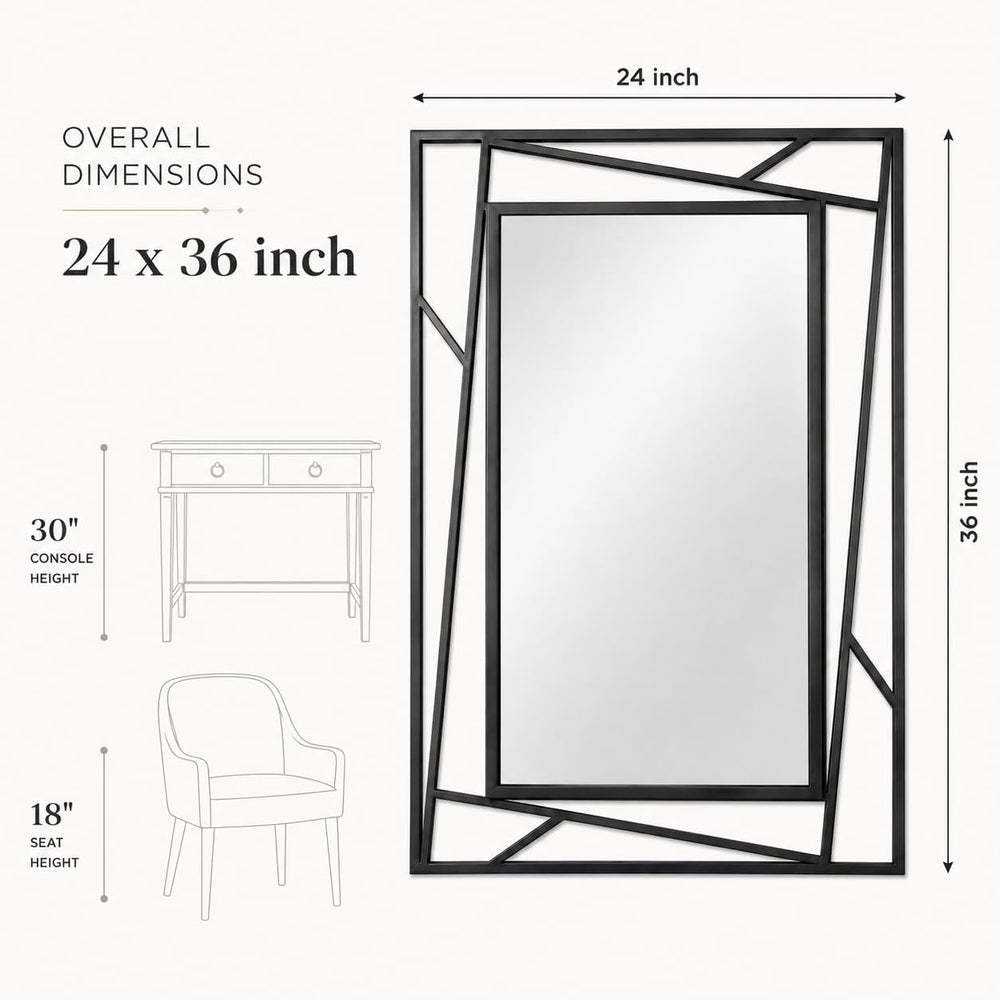 Black Geometric Wall Mirror, 36 x 24 Inch Decorative Metal Framed Bathroom Mi...