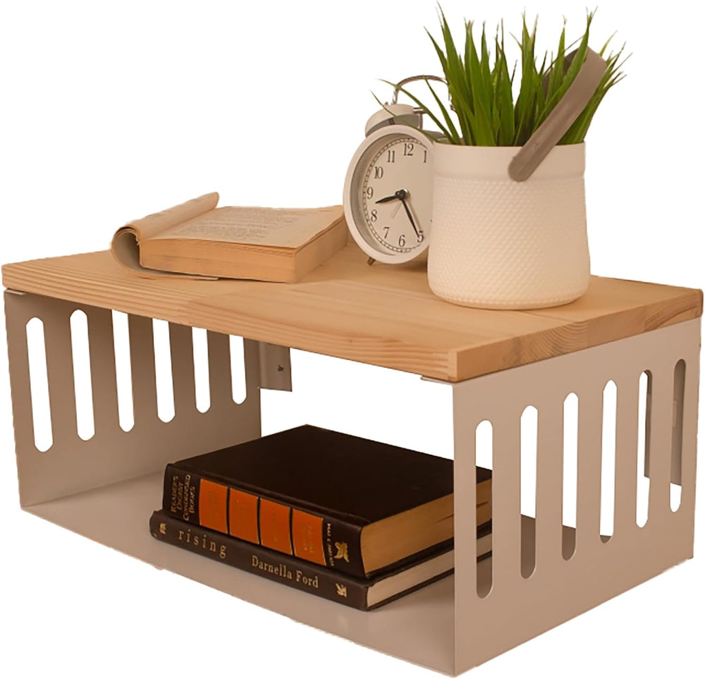 Floating Nightstand with White Metal Base, Wooden Top and Sturdy Metal Base, ...