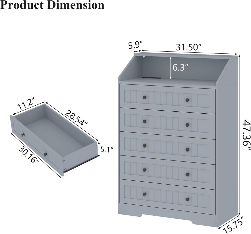 Gray 5 Drawers Dresser for Bedroom with Charging Station & LED Light