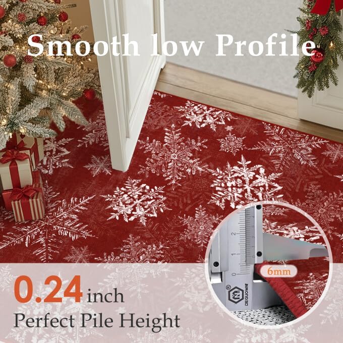 Xmas Snowflake Runner Rug 3x8 Red Washable Non Slip for Hallway | Soft,Low Pi...
