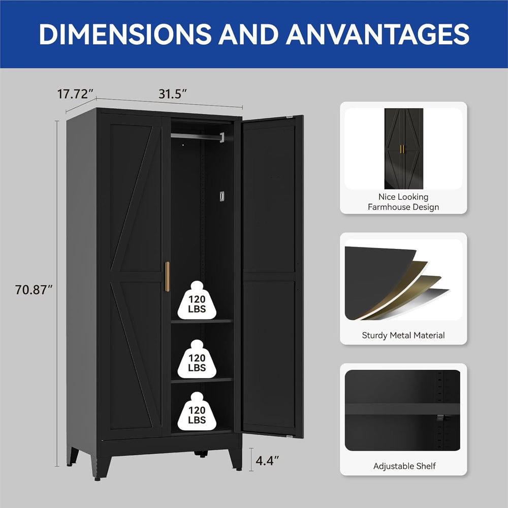 COFaR Metal Wardrobe Closet with Doors, Black Farmhouse Bedroom Armoires with...