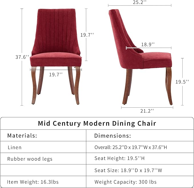 Burgundy Mid Century Dining Chairs Set of 2, Modern Kitchen & Dining Room...