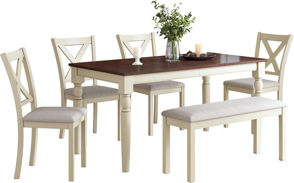 AMERLIFE 6-Piece Farmhouse Dining Table Set for 6-7, 60" Solid Wood Kitc...