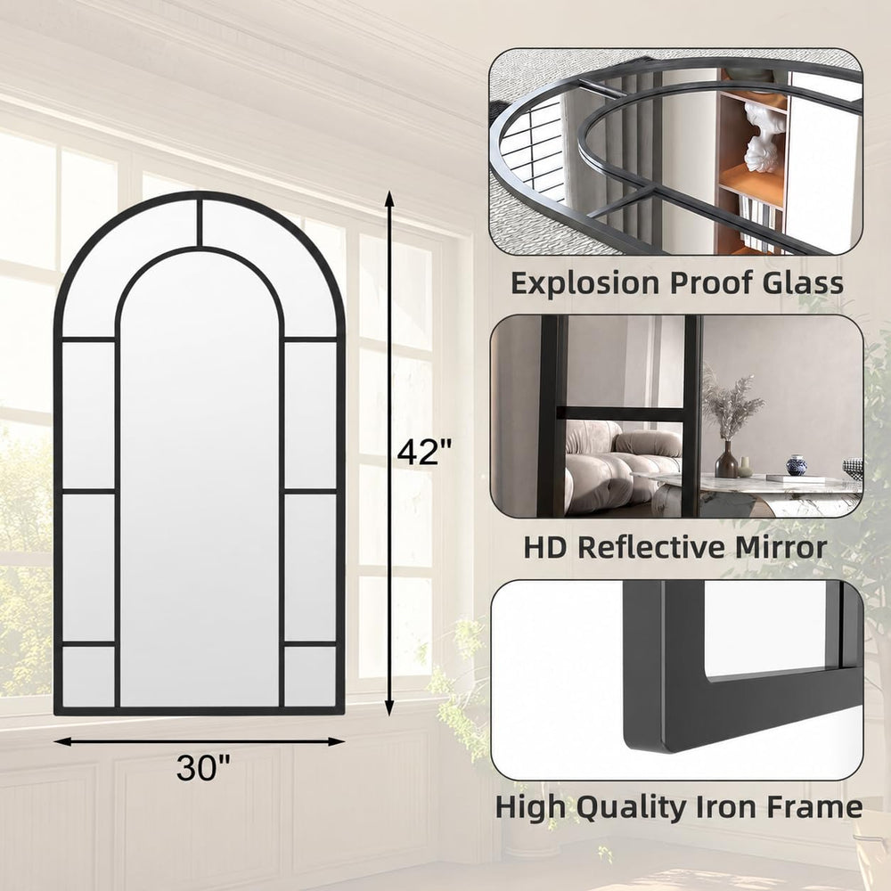 Arched Wall Mounted Mirror, 42"x30" Windowpane Bathroom Mirror