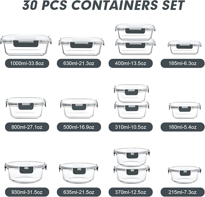 VERONES 30 Pieces Glass Meal Prep Containers Set, Stackable Glass Food Storage