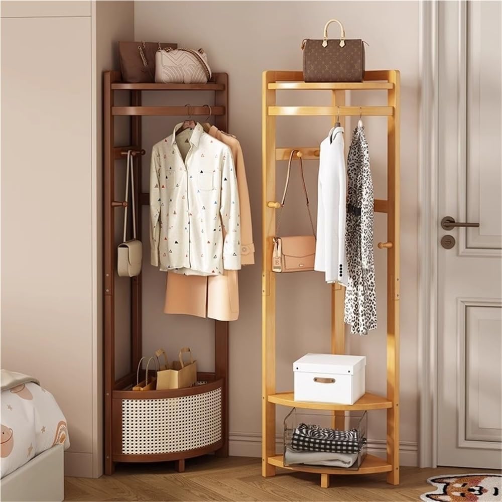 Bamboo Corner Coat Rack, Floor-Standing Clothing Rack with Hooks(Brown) | Sto...