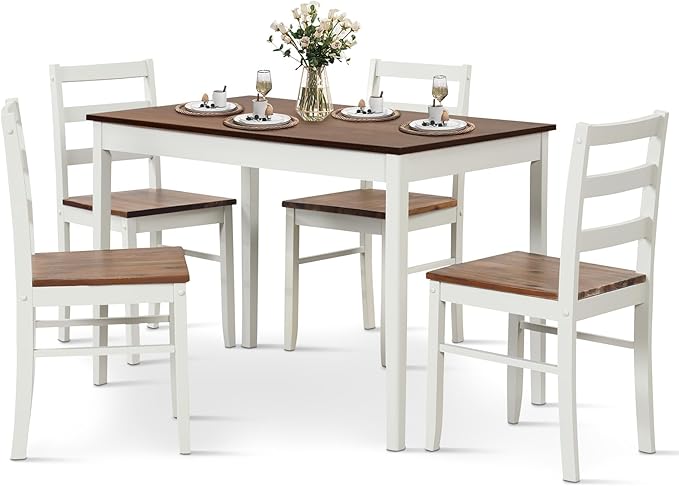 COSTWAY Dining Table Set for 4, Wood Kitchen Table Chairs Set with Rubber Woo...
