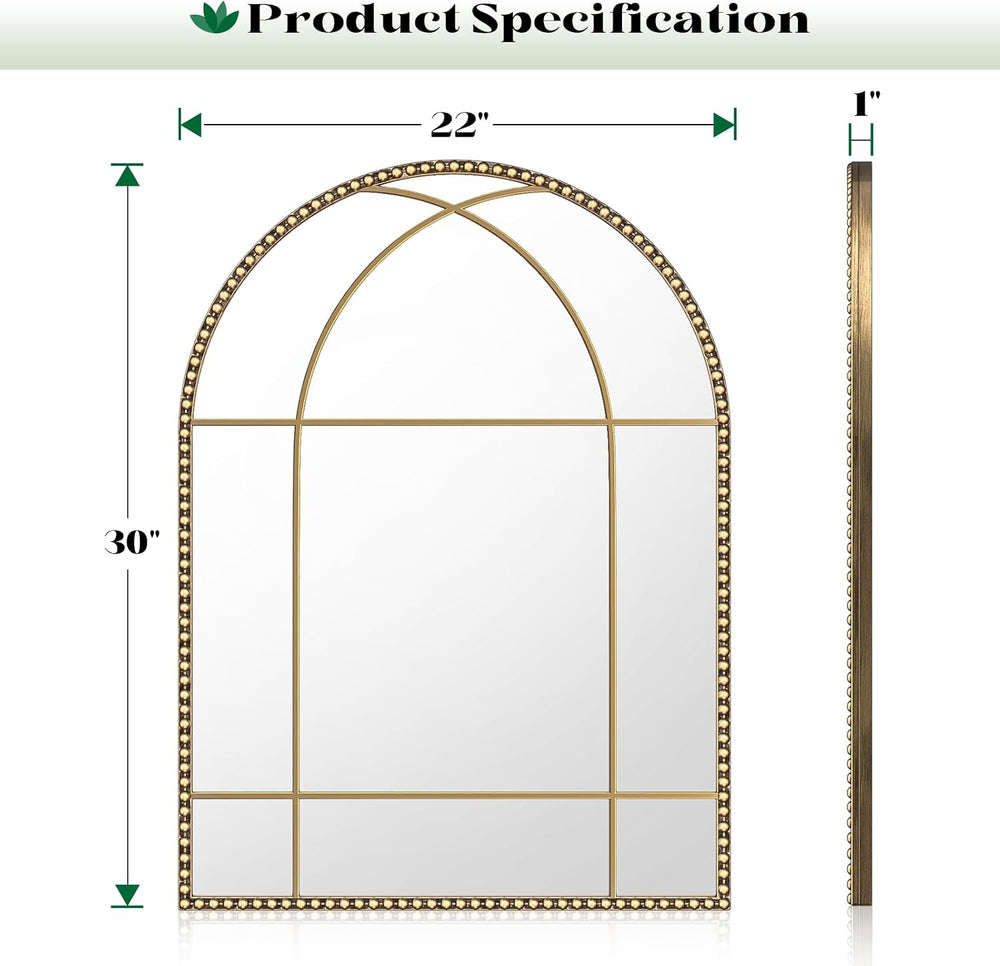 Arched Gold Antique Mirror, 22" x 30" Window Mirror with Beaded Met...