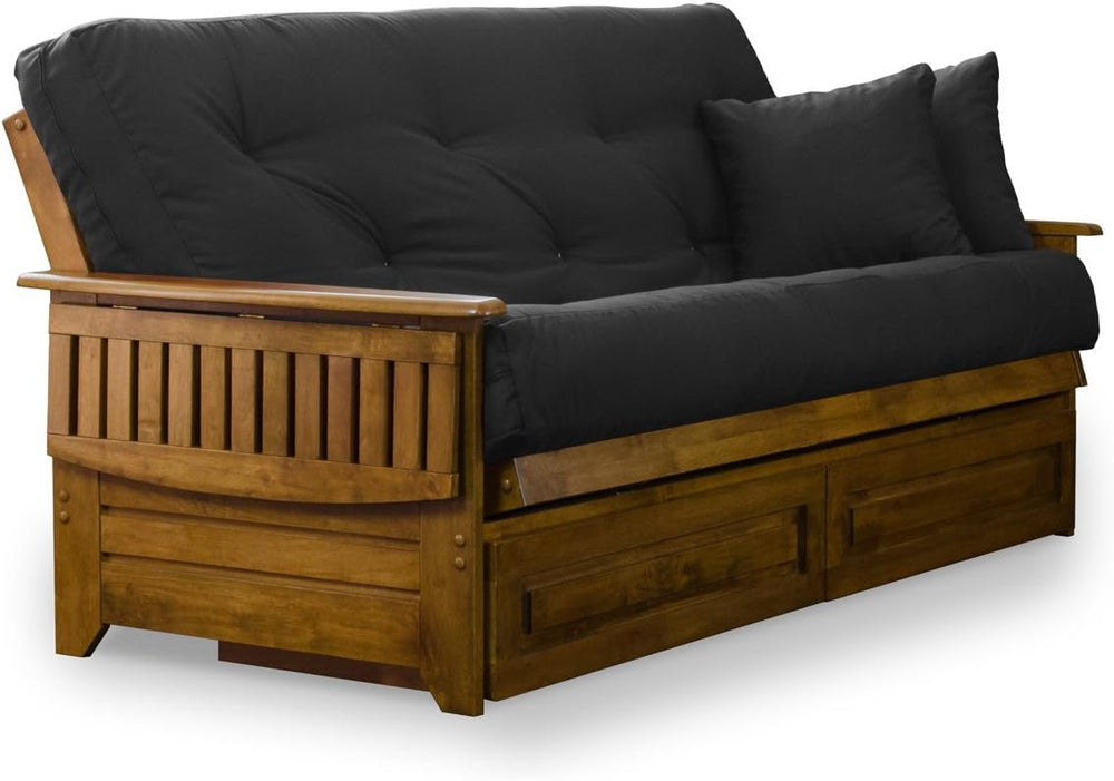Nirvana Futons Brentwood Tray Arm Futon Frame, Drawers, and Black Mattress Se...