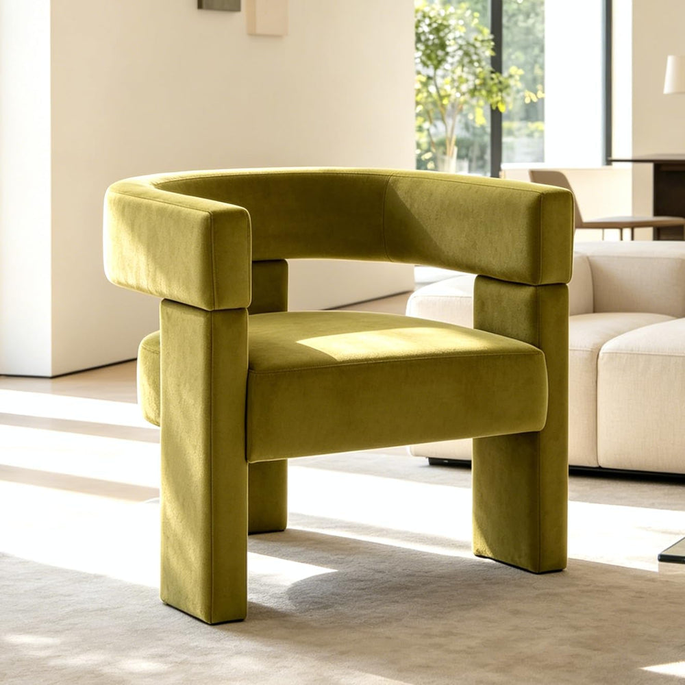 Green Modern Accent Chair, Upholstered Barrel Armchair with Solid Wood Legs