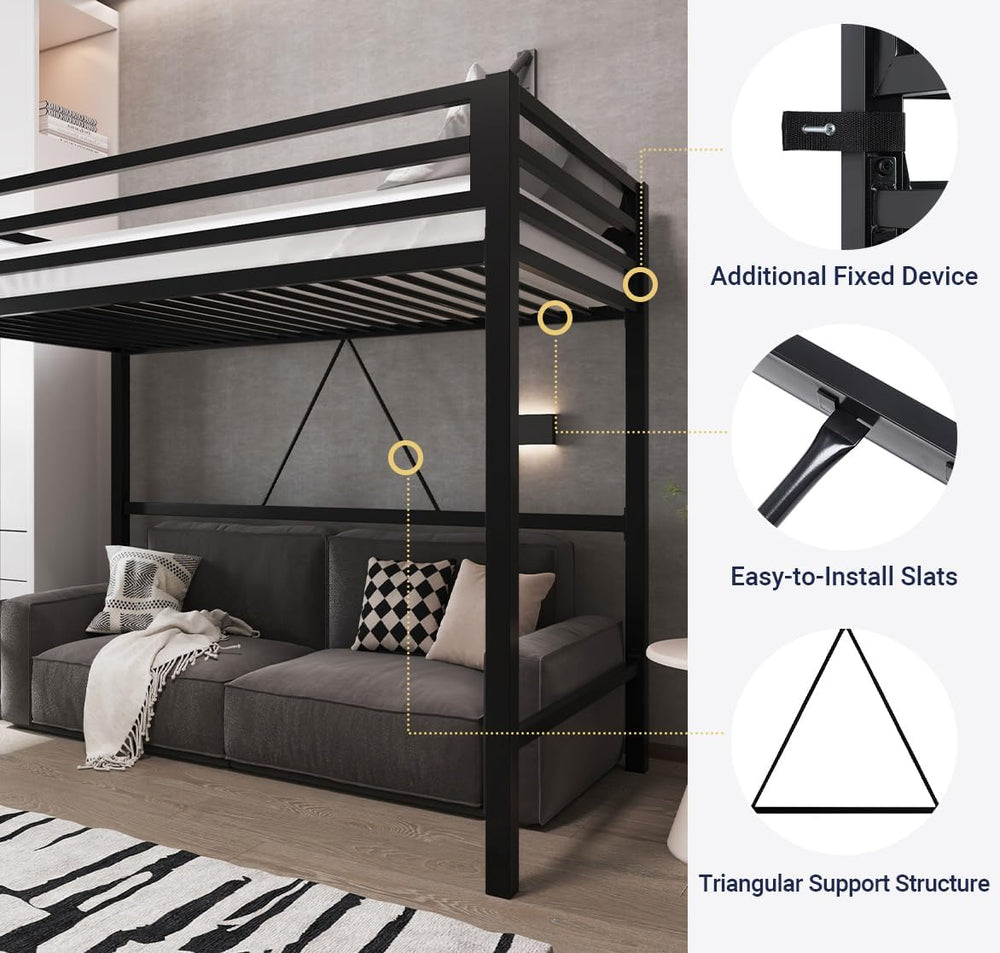 Allewie Metal Loft Bed Twin Size with Guardrail and Ladder,Black