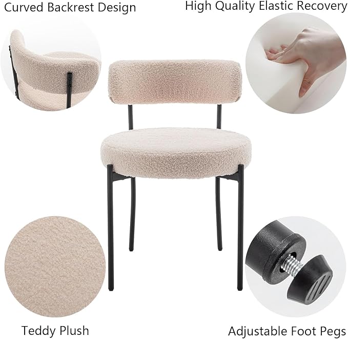 Boucle Dining Chairs Set of 6, Upholstered Dining Room Chairs with Black Meta...