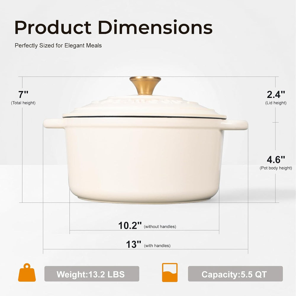 5.5QT Enameled Cast Iron Dutch Oven for Sourdough Bread White | Non-Stick Pot...