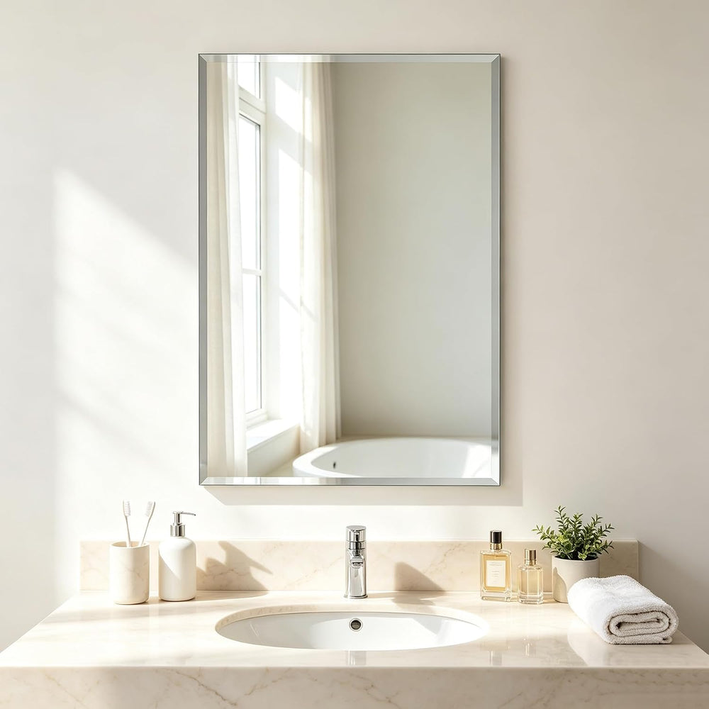 Frameless Wall Mirror Beveled Edge 28” x 20“ Bathroom Mirror for Over Sink