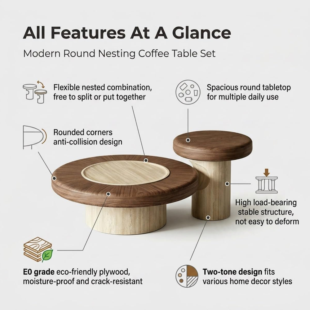 Set of 2 Modern Round Nesting Coffee Tables with Storage for Living Room | Ro...