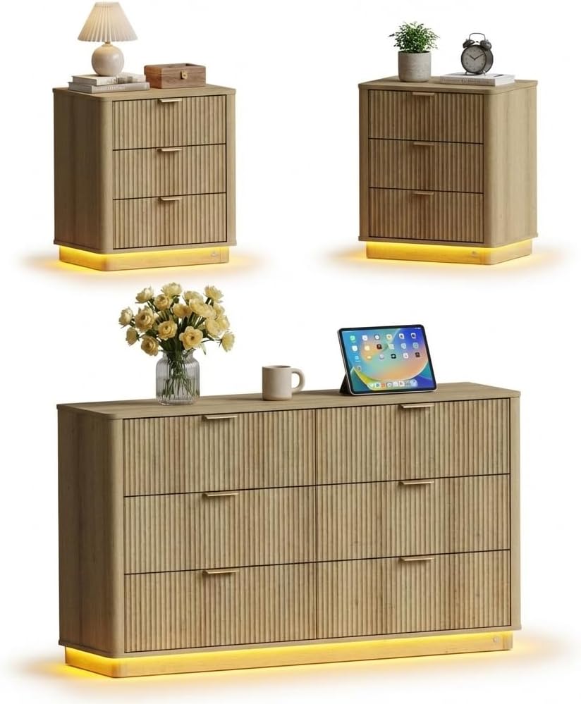 Dresser and Nightstand Sets 3 Piece, Bedroom Set with Charging Station, Large...