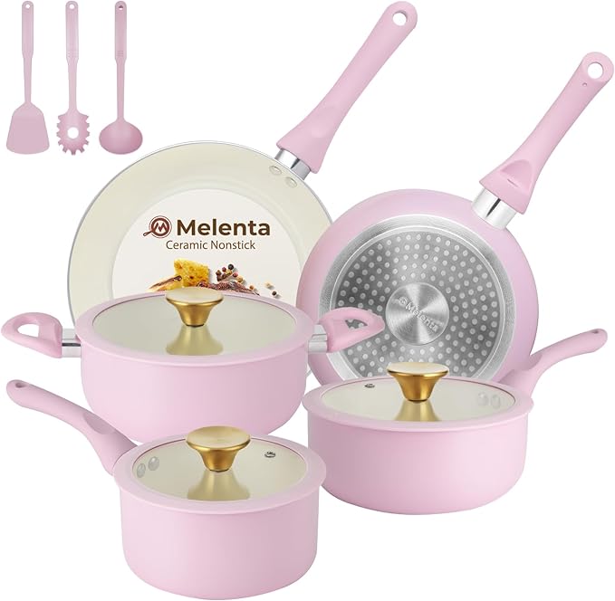 M MELENTA Pots and Pans Set Non Stick, 11-Piece Induction Cookware, Non Toxic