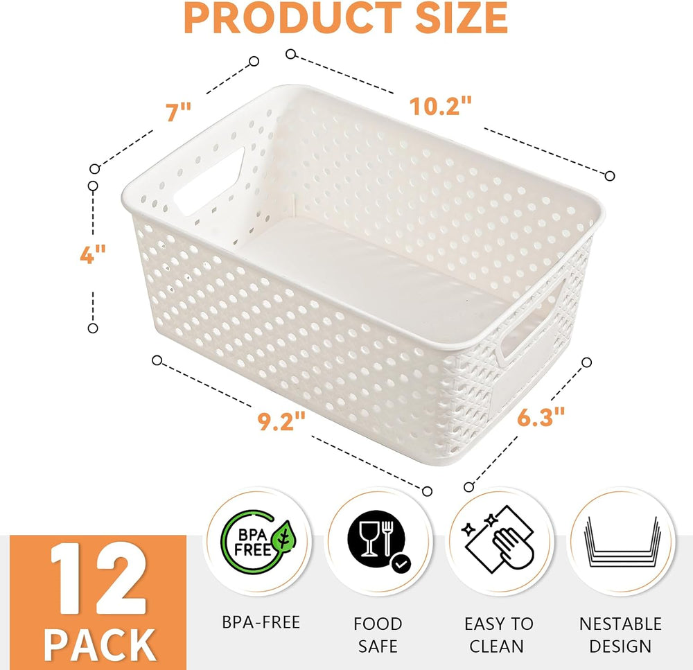 12 Pack Plastic Storage Baskets for Organizing, Storage Baskets for Shelves w...