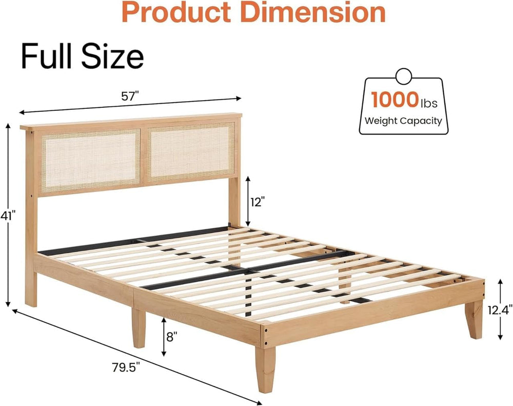 Bohemian Full Rattan Bed LED Natural Headboard Bedroom