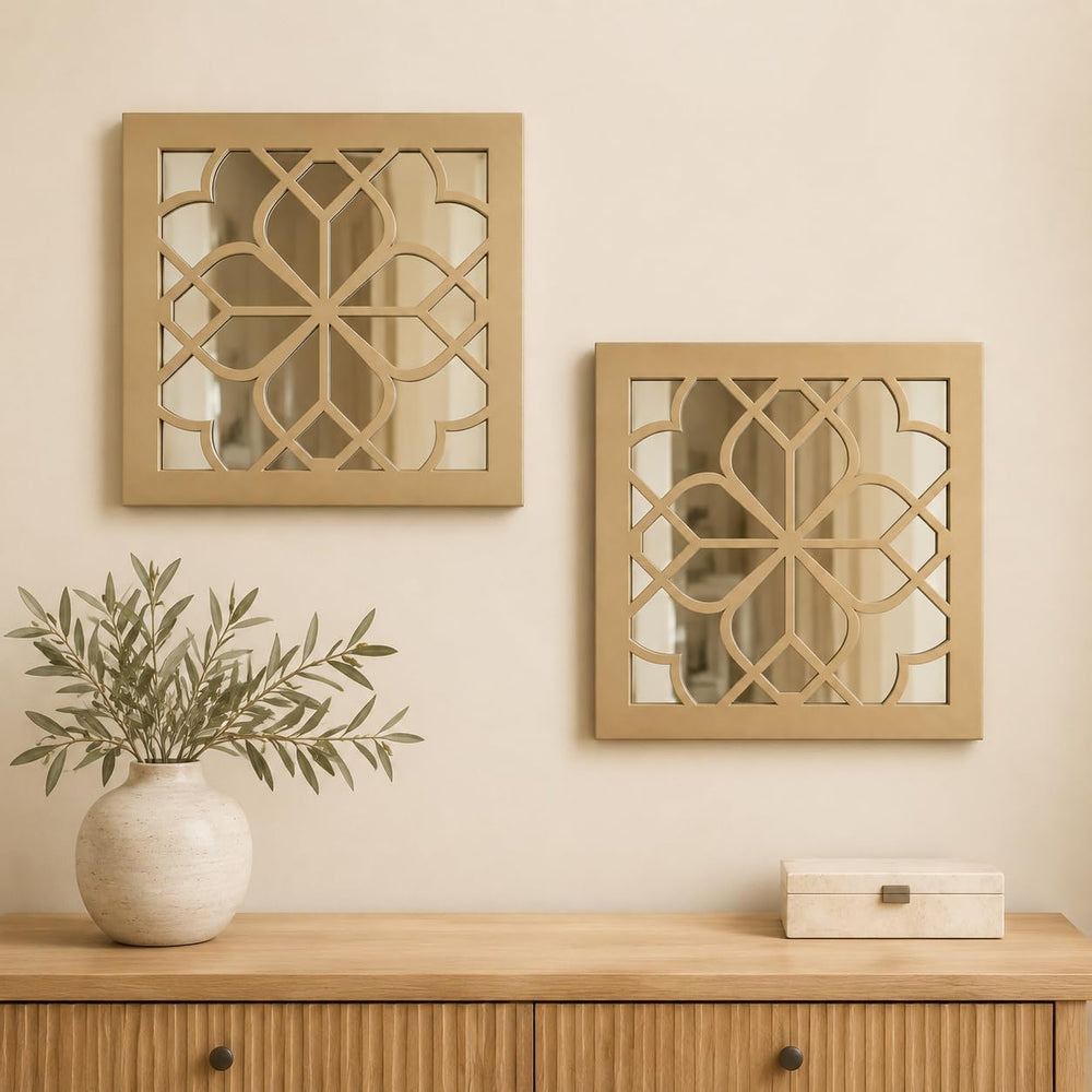 Set of 2 Boho Square Wall Mirrors - Matte Gold Metal Shatterproof Hanging for...