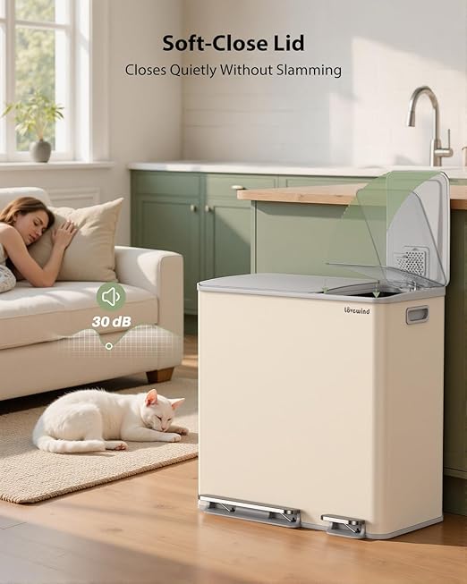 Dual Trash and Recycling Bins for Kitchen, 13.2 + 5.2 Gal Stainless Steel Trash