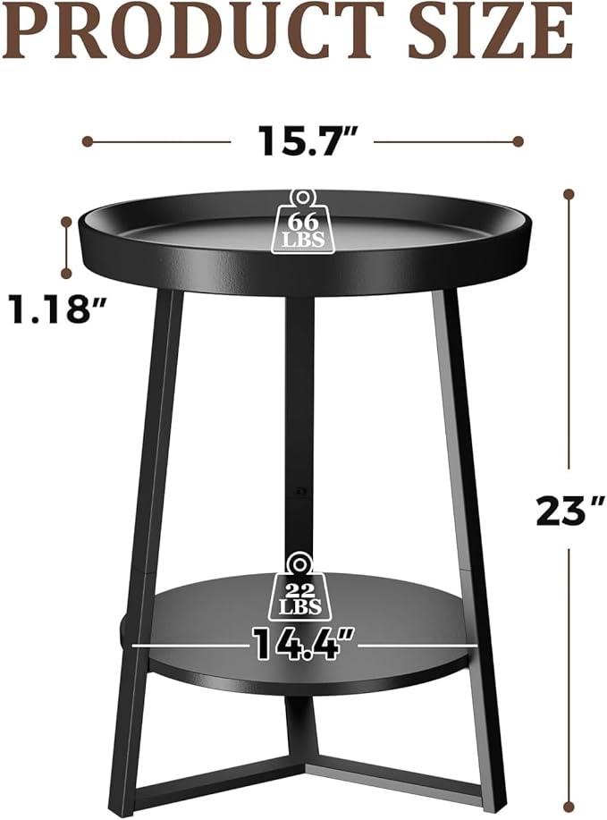 Gadroad Round End Table with Storage Shelf, 2 Tier Farmhouse Side Table Night...
