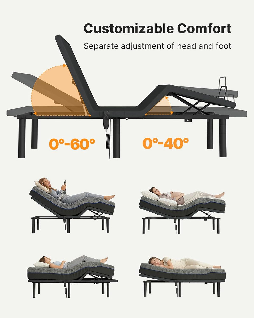 Amada Queen Adjustable Bed Frame with Head and Foot Incline, Quiet Motor