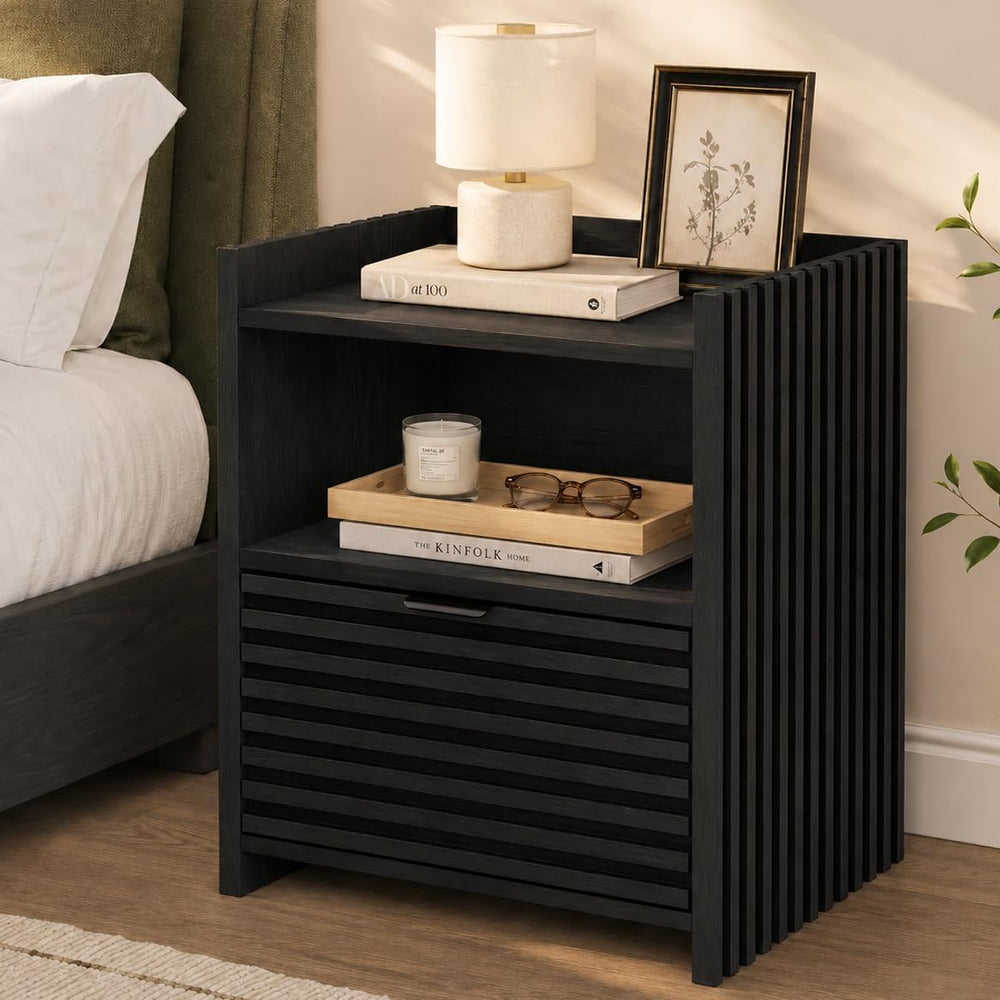 BON AUGURE Black Wood Nightstand, Modern End Table with Drawer