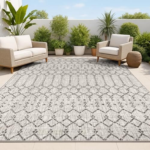 JONATHAN Y Moroccan Geometric Indoor Outdoor Area Rug 8X10 Light Gray/Black, ...